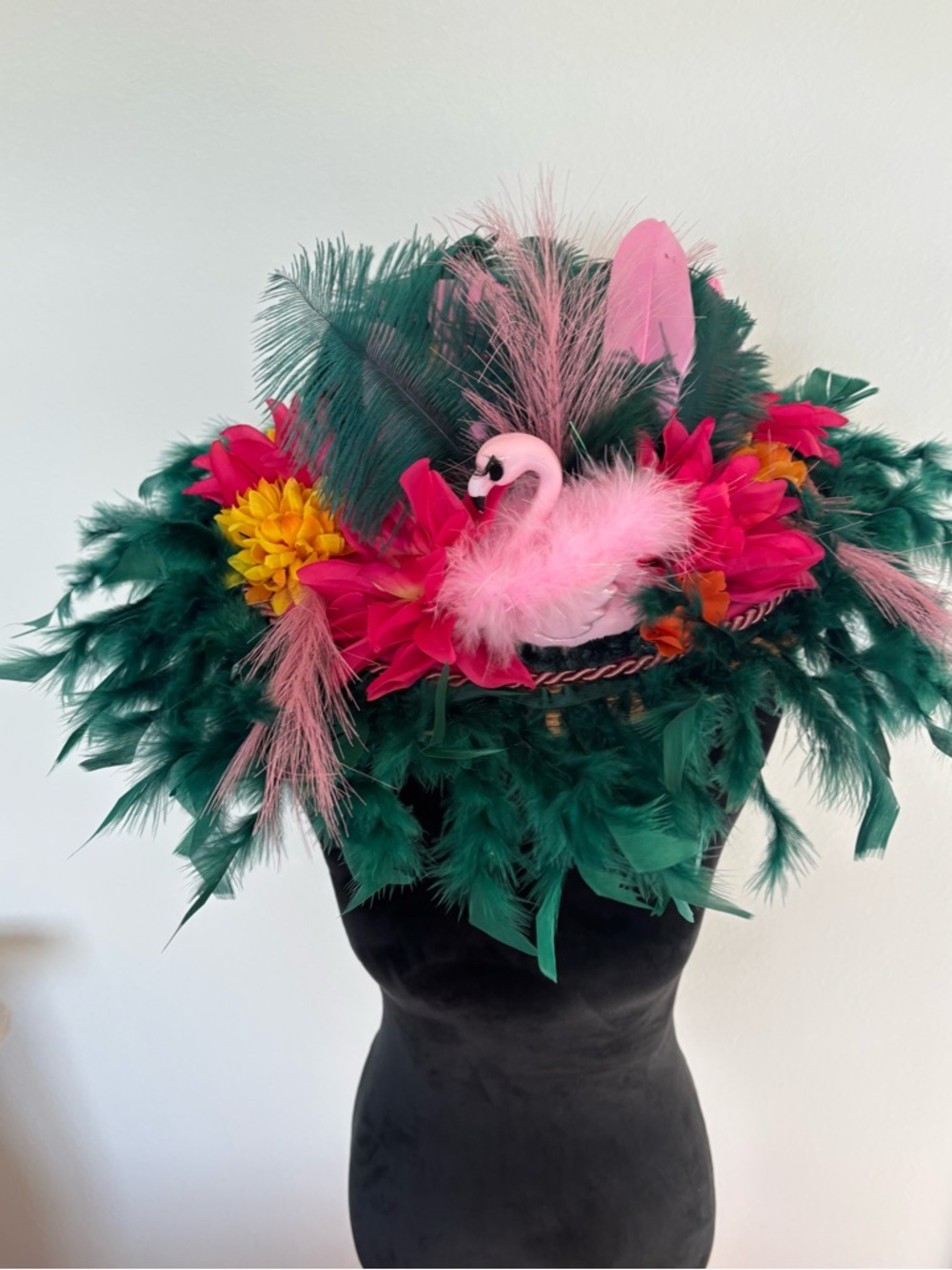 Kentucky Derby Hat Handmade Flamingo Statement Floral Feather Wide Brim”